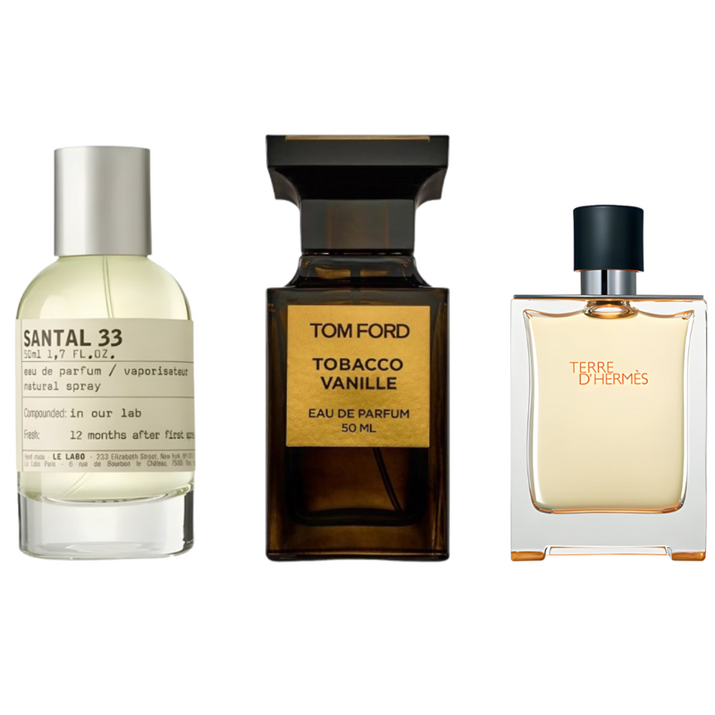 Coffret Nuit de Luxe – Santal 33 de Le Labo, Tobacco Vanille de Tom Ford et Terre d’Hermès de Hermès [100 ml]