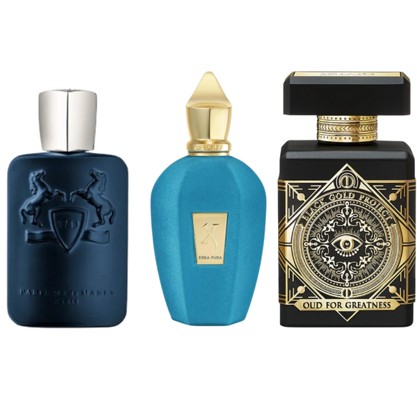 Coffret Élixir Majestueux – Oud for Greatness d’Initio, Layton de Parfums de Marly et Erba Pura de Xerjoff [100 ml]